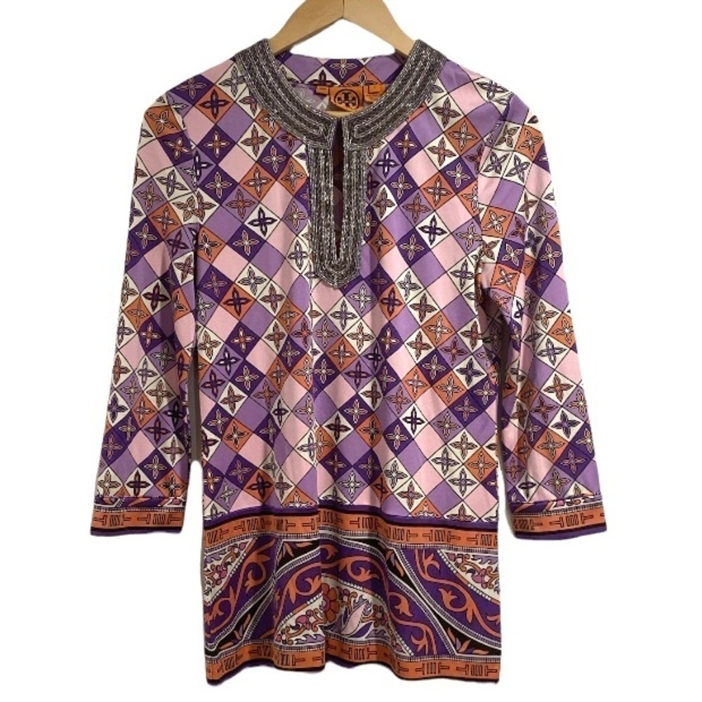 Tory Burch shirt tunic blouse beaded detail small purple pink silk